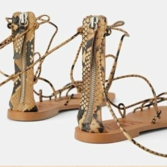 ZARA Snakeskin Print Lace up Gladiator Flat Sandals - Picture 3 of 14